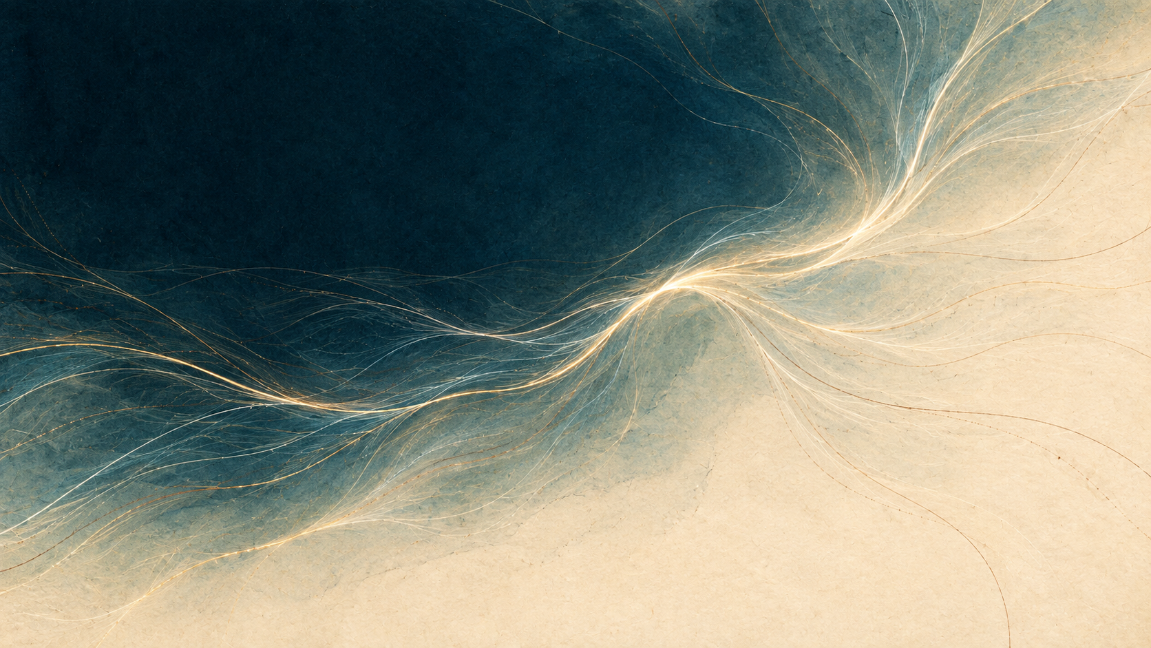Fine filaments gather into a luminous seam across petrol ink and warm paper